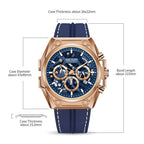 MEGIR 4220 men's chronograph watch parameters graphic, rose-gold case with blue silicone strap dimensions
