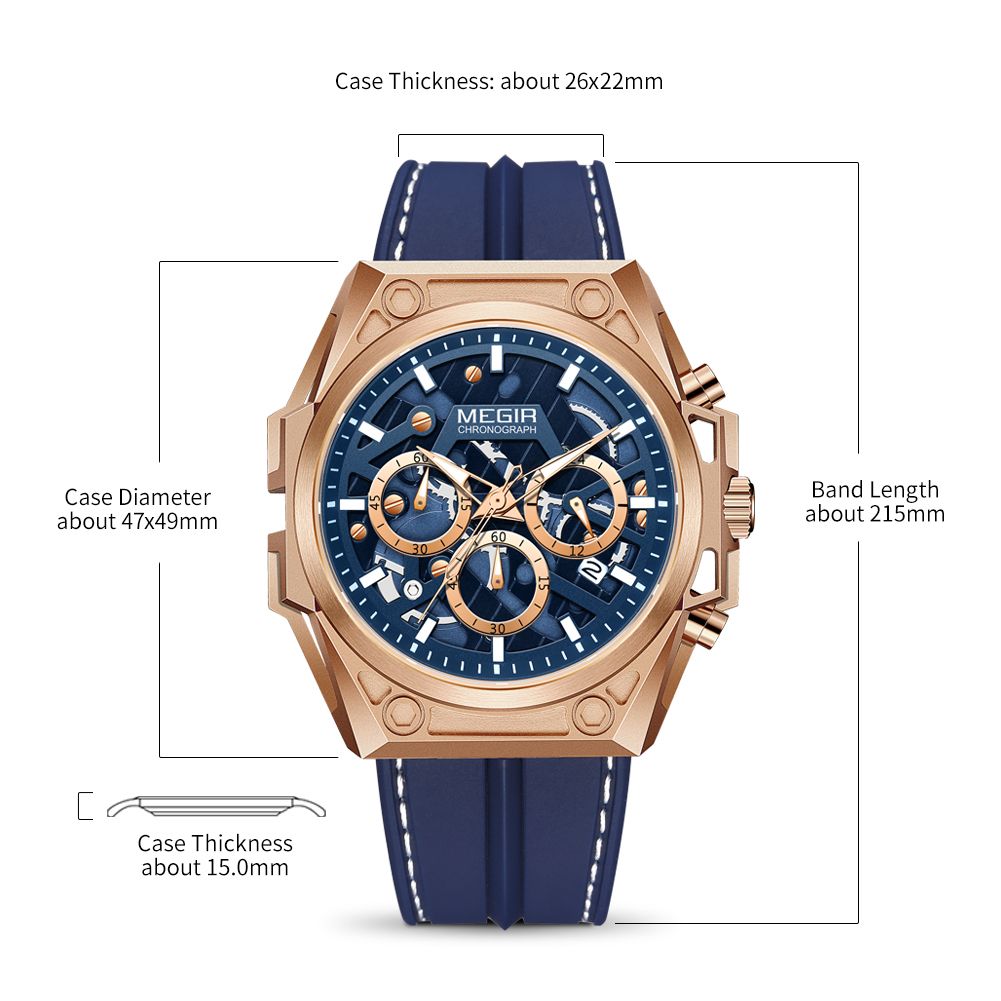 MEGIR 4220 men's chronograph watch parameters graphic, rose-gold case with blue silicone strap dimensions