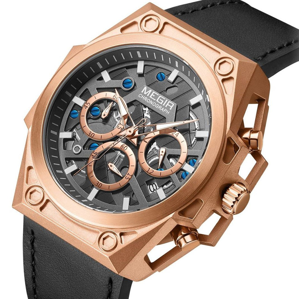 MEGIR 4220 men's chronograph watch, rose-gold case with grey skeleton dial and black leather strap, angled view