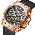 MEGIR 4220 men's chronograph watch, rose-gold case with grey skeleton dial and black leather strap, angled view