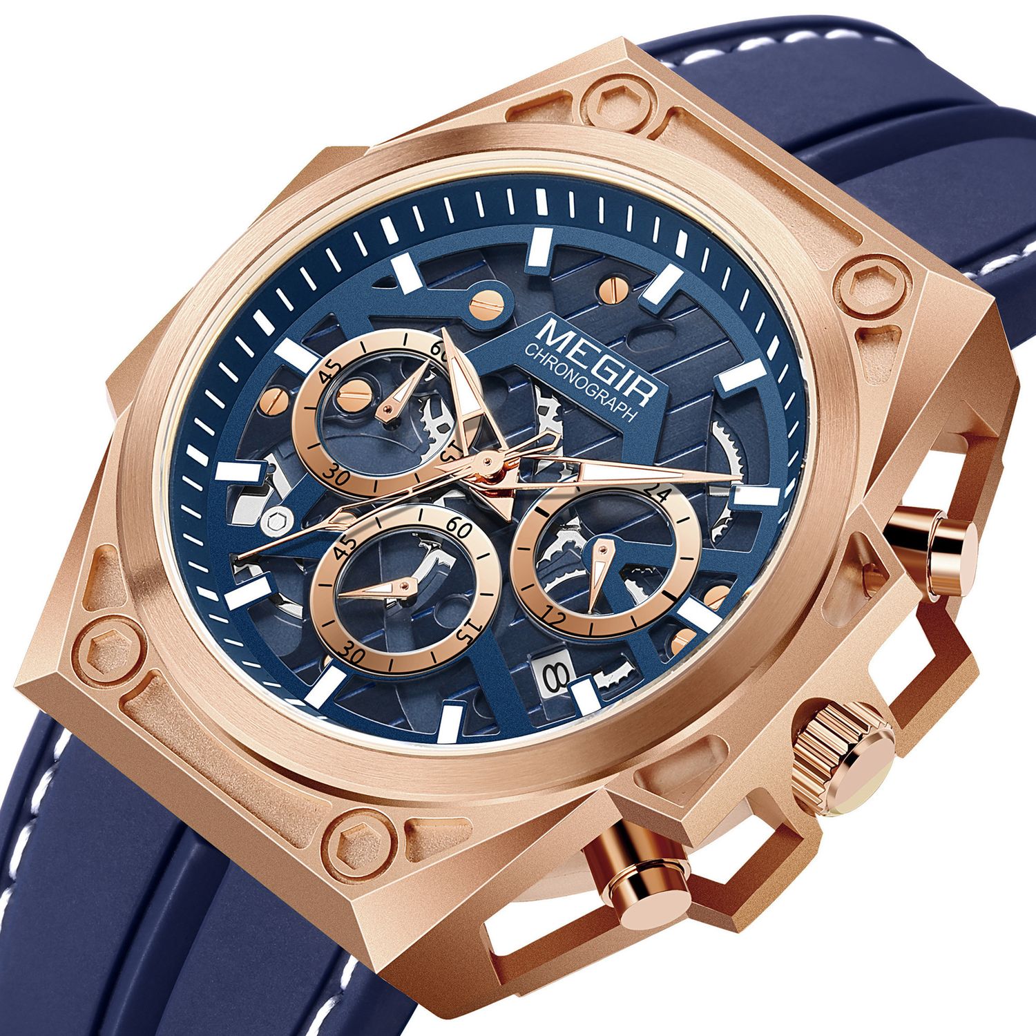 MEGIR 4220 men's chronograph watch, rose-gold case with blue skeleton dial and blue silicone strap, angled view