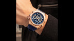 MEGIR 4220 men's chronograph watch on the wrist, rose-gold case with blue skeleton dial and blue strap, worn