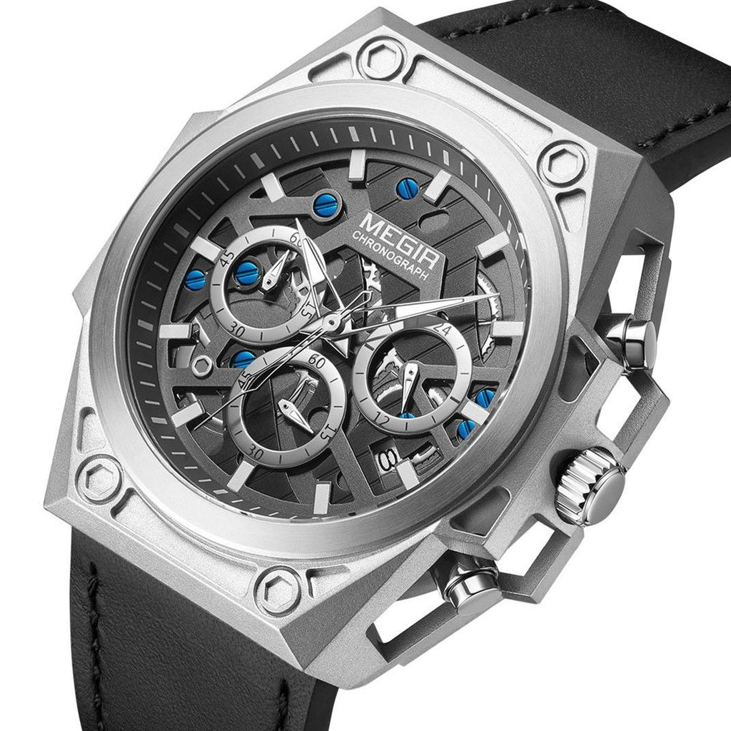 MEGIR 4220 men's chronograph watch, silver case with grey skeleton dial and black leather strap, angled view