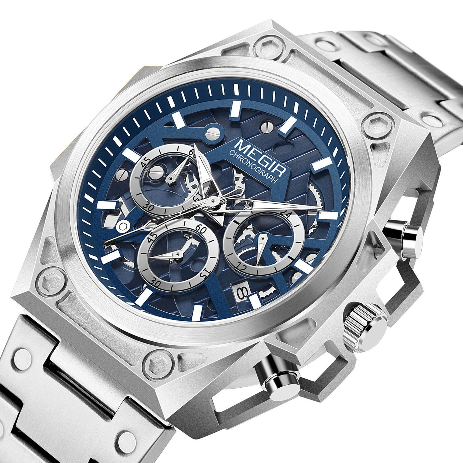 MEGIR 4220 men's chronograph watch, silver case with blue skeleton dial and steel bracelet, angled view