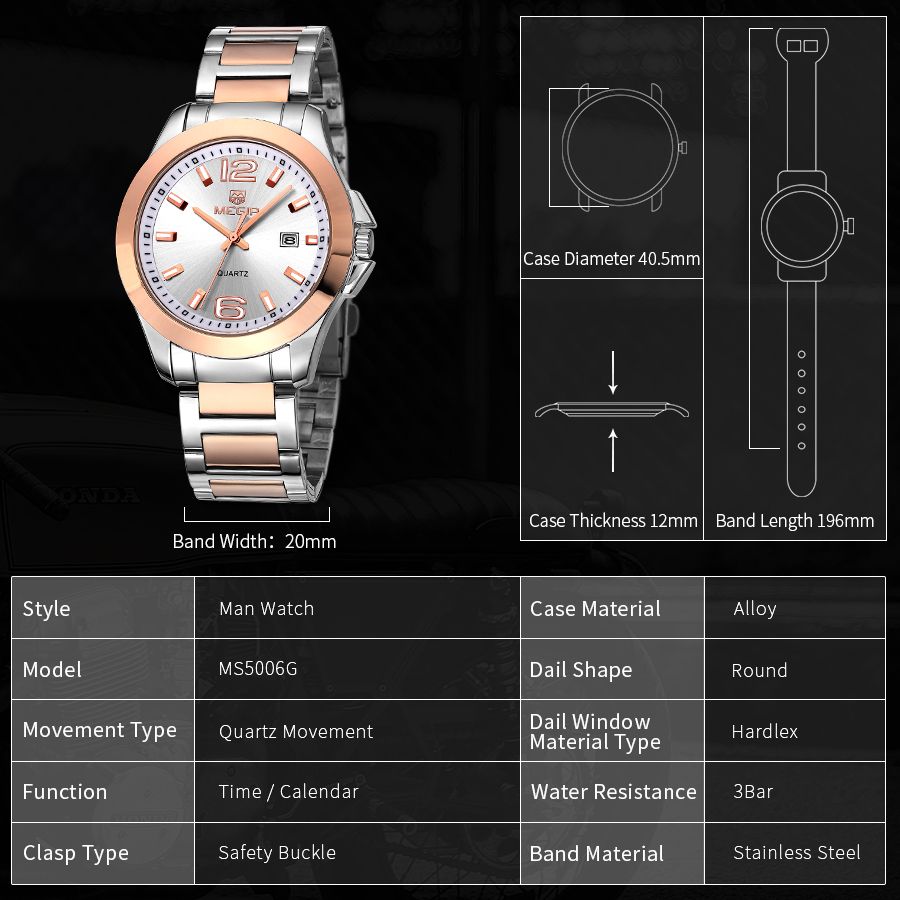 MEGIR 5006 men's quartz watch parameters graphic with case diameter, thickness and band dimensions