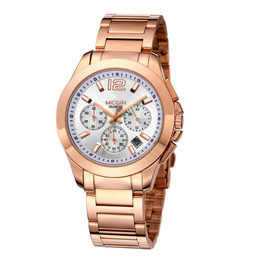 MEGIR 5006 men's chronograph watch, rose-gold case and bracelet with white dial, sub-dials and date, front view