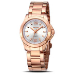 MEGIR 5006 women's quartz watch, rose-gold case and bracelet with white dial, angled view