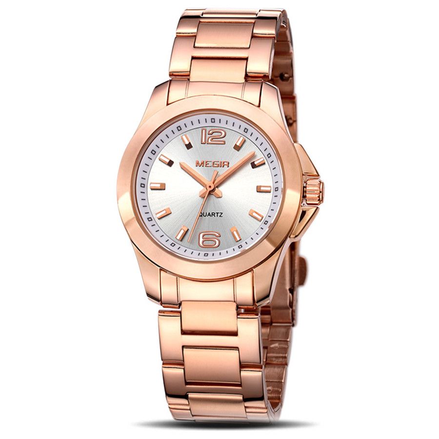 MEGIR 5006 women's quartz watch, rose-gold case and bracelet with white dial, angled view