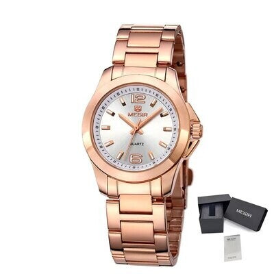 MEGIR 5006 women's quartz watch, rose-gold case and bracelet with white dial, with gift box