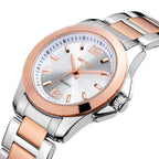 MEGIR 5006 women's quartz watch, two-tone silver and rose-gold case and bracelet with white dial, angled view