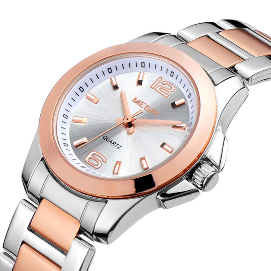 MEGIR 5006 women's quartz watch, two-tone silver and rose-gold case and bracelet with white dial, angled view