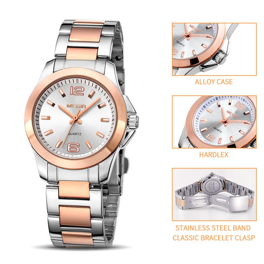 MEGIR 5006 women's quartz watch feature graphic showing alloy case, crystal and stainless steel bracelet clasp