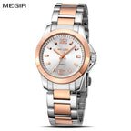 MEGIR 5006 women's quartz watch, two-tone silver and rose-gold case and bracelet with white dial, front view