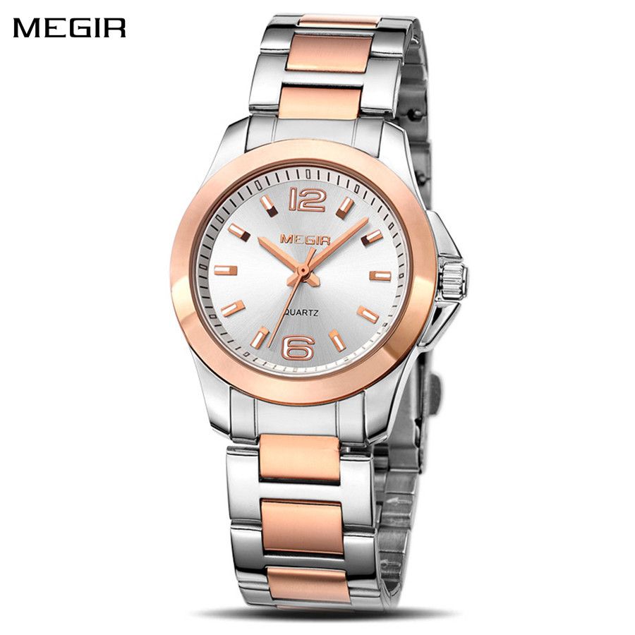 MEGIR 5006 women's quartz watch, two-tone silver and rose-gold case and bracelet with white dial, front view