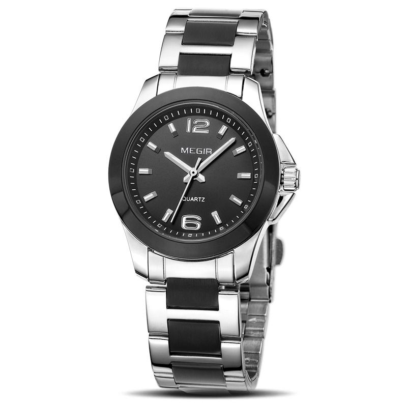 MEGIR 5006 women's quartz watch, silver case and two-tone bracelet with black dial, front view