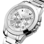 MEGIR 5006 men's chronograph watch, silver case and bracelet with white dial and sub-dials, angled view