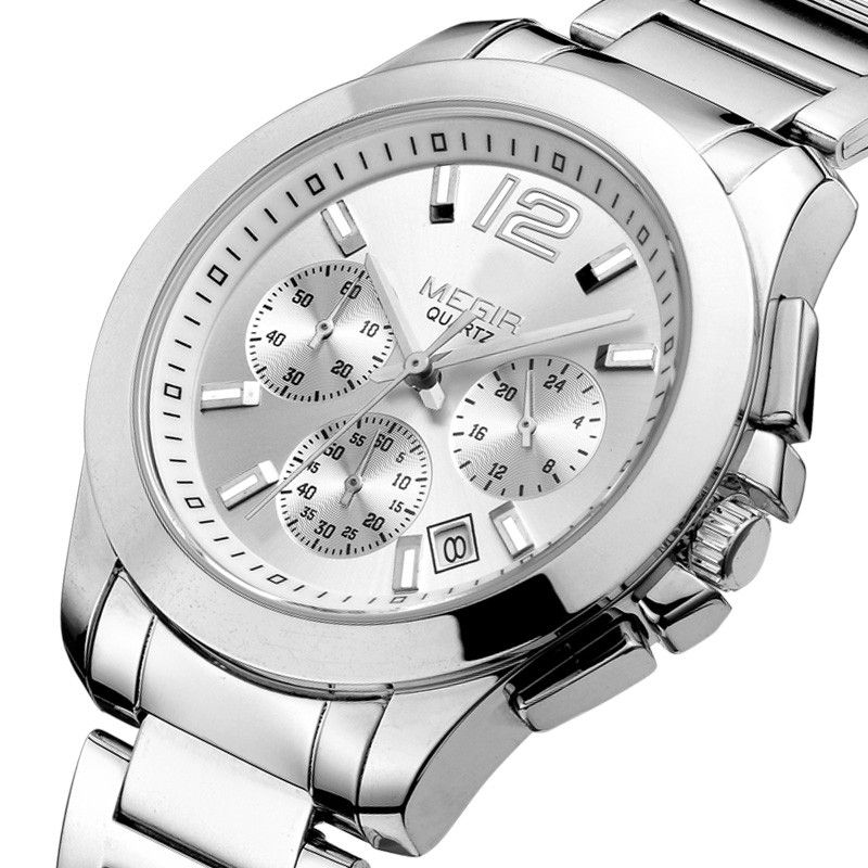 MEGIR 5006 men's chronograph watch, silver case and bracelet with white dial and sub-dials, angled view