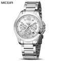 MEGIR 5006 men's chronograph watch, silver case and bracelet with white dial and sub-dials, front view