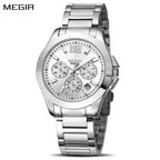 MEGIR 5006 men's chronograph watch, silver case and bracelet with white dial and sub-dials, front view