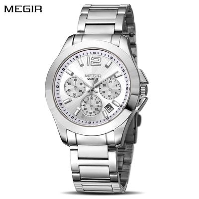 MEGIR 5006 men's chronograph watch, silver case and bracelet with white dial and sub-dials, front view