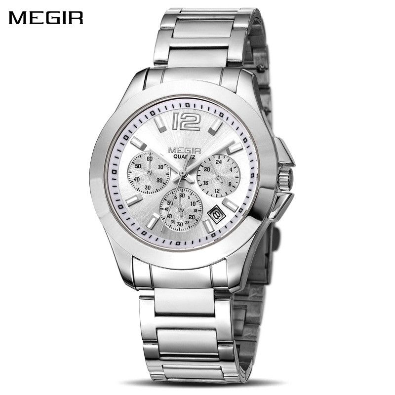 MEGIR 5006 men's chronograph watch, silver case and bracelet with white dial, sub-dials and date, front view