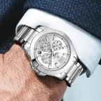 MEGIR 5006 men's chronograph watch on the wrist, silver case and bracelet with white dial and sub-dials