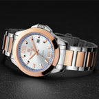 MEGIR 5006 men's quartz watch, two-tone silver and rose-gold case and bracelet with white dial, angled view