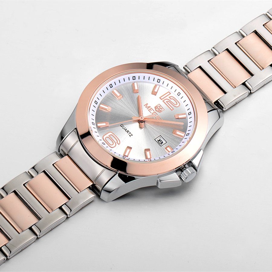 MEGIR 5006 men's quartz watch, two-tone silver and rose-gold case and bracelet with white dial, three-quarter view