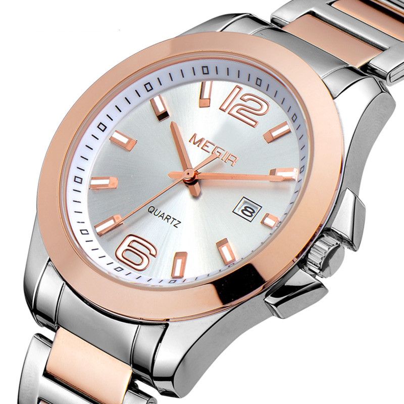 MEGIR 5006 men's quartz watch, two-tone silver and rose-gold case and bracelet with white dial, angled view