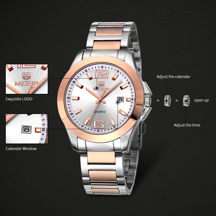 MEGIR 5006 men's quartz watch feature graphic showing logo, calendar window and crown adjustment steps