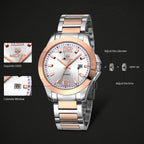 MEGIR 5006 men's quartz watch feature graphic showing logo, calendar window and crown adjustment steps