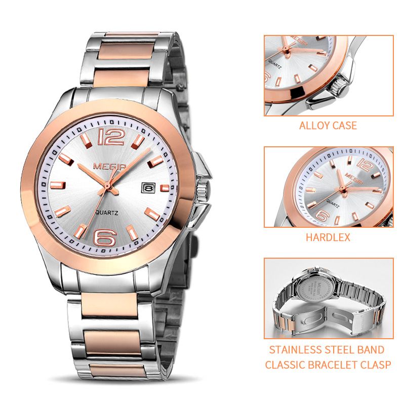 MEGIR 5006 men's quartz watch feature graphic showing alloy case, crystal and stainless steel bracelet clasp