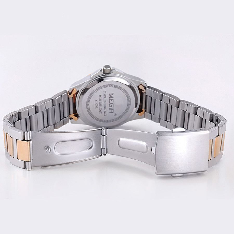 MEGIR 5006 women's quartz watch caseback with two-tone bracelet and folding clasp