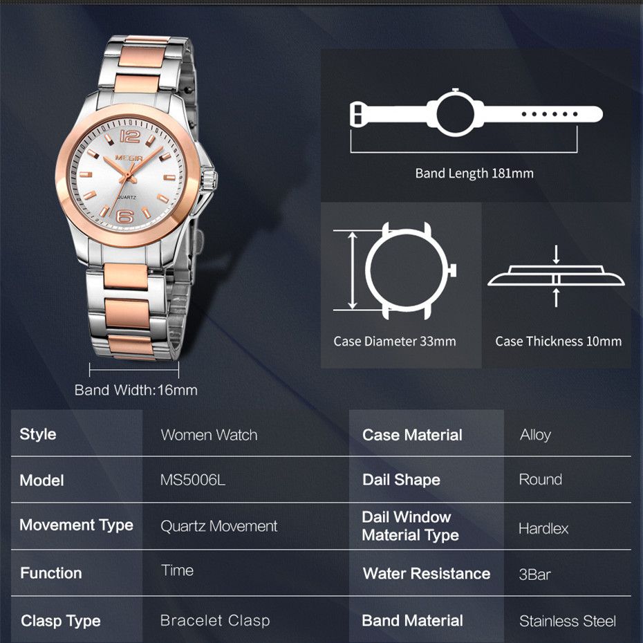 MEGIR 5006 women's quartz watch parameters graphic with case diameter, thickness and band dimensions