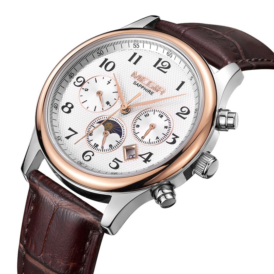 MEGIR 62046 men's moon-phase automatic watch, white dial with sub-dials and date and brown leather strap, side view