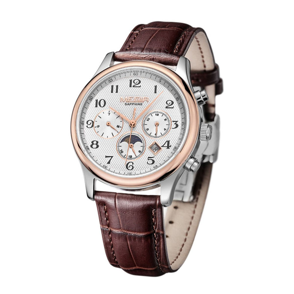 MEGIR 62046 men's moon-phase automatic watch, silver and rose-gold case, white multi-dial face and brown leather strap