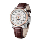 MEGIR 62046 men's moon-phase automatic watch, silver and rose-gold case, white multi-dial face and brown leather strap