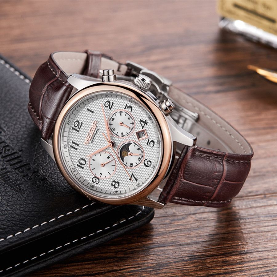 MEGIR 62046 men's moon-phase automatic watch, white dial with moon-phase and date and brown leather strap, angled view
