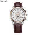 MEGIR 62046 men's moon-phase automatic watch, silver and rose-gold case, white multi-dial face and brown leather strap