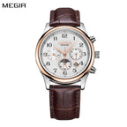 MEGIR 62046 men's moon-phase automatic watch, silver and rose-gold case, white multi-dial face and brown leather strap