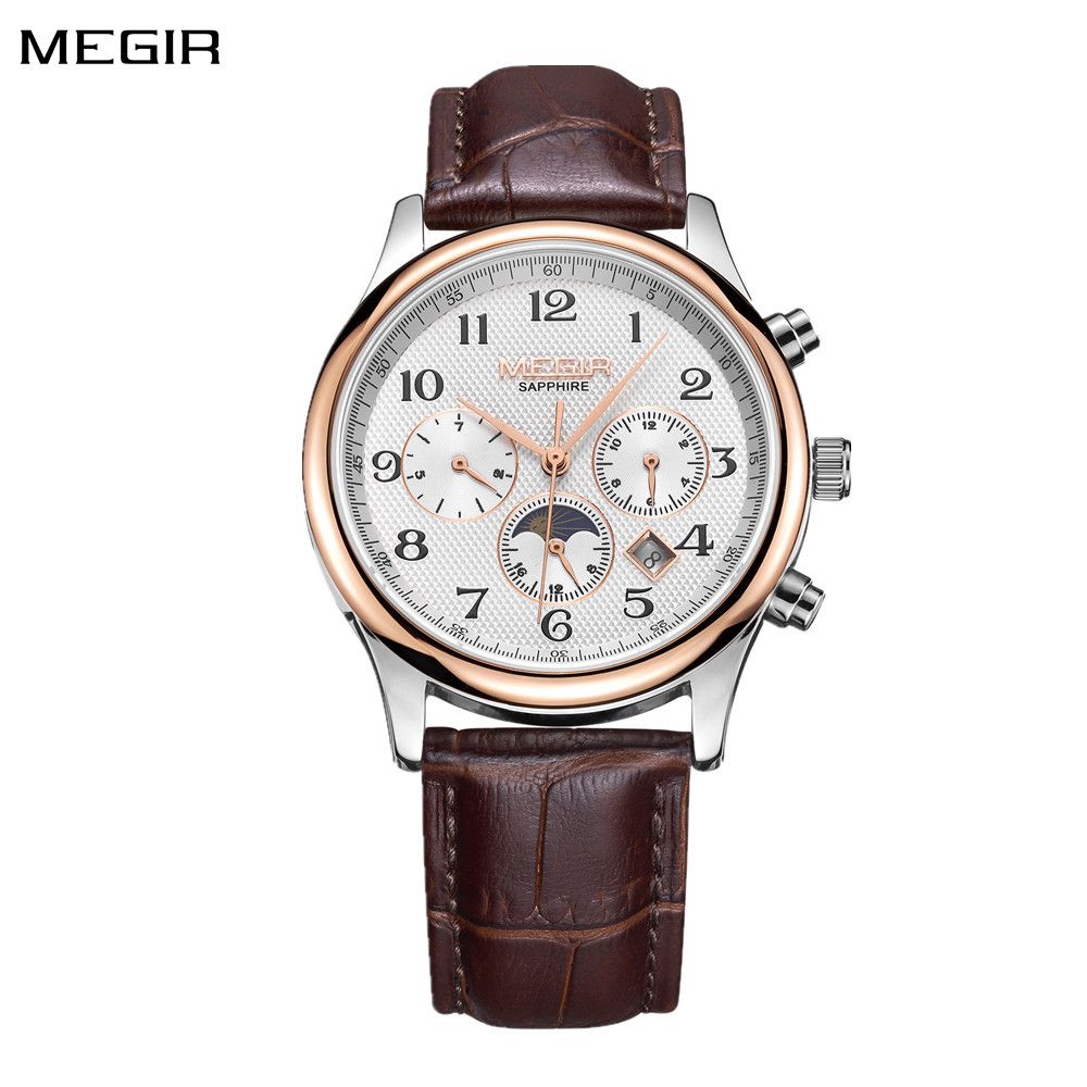 MEGIR 62046 men's moon-phase automatic watch, silver and rose-gold case, white multi-dial face and brown leather strap