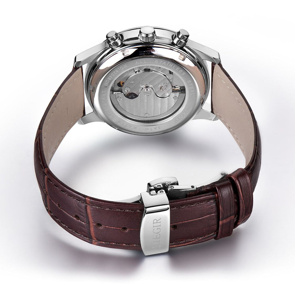 MEGIR 62046 men's moon-phase automatic watch exhibition caseback showing the movement, with brown leather strap
