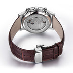MEGIR 62046 men's moon-phase automatic watch exhibition caseback showing the movement, with brown leather strap