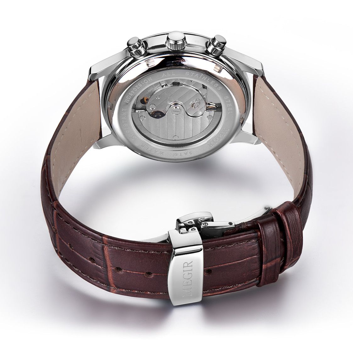 MEGIR 62046 men's moon-phase automatic watch exhibition caseback showing the movement, with brown leather strap