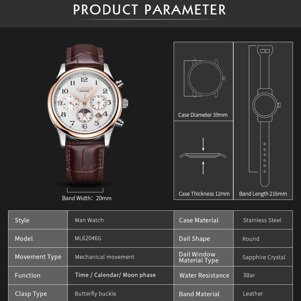 MEGIR 62046 men's moon-phase automatic watch parameters graphic with case diameter, thickness and band dimensions