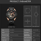 MEGIR 62050 men's automatic watch parameters graphic with case diameter, thickness and band dimensions
