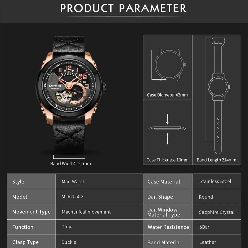 MEGIR 62050 men's automatic watch parameters graphic with case diameter, thickness and band dimensions