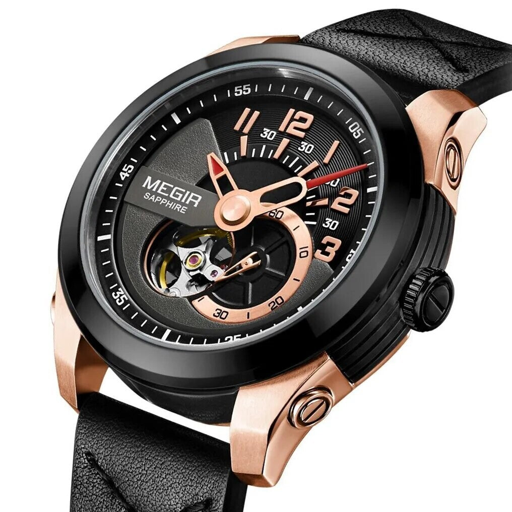 MEGIR 62050 men's automatic watch, rose-gold and black case, black open-heart dial and black strap, three-quarter view