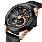 MEGIR 62050 men's automatic watch, rose-gold and black case, black open-heart dial and black strap, three-quarter view