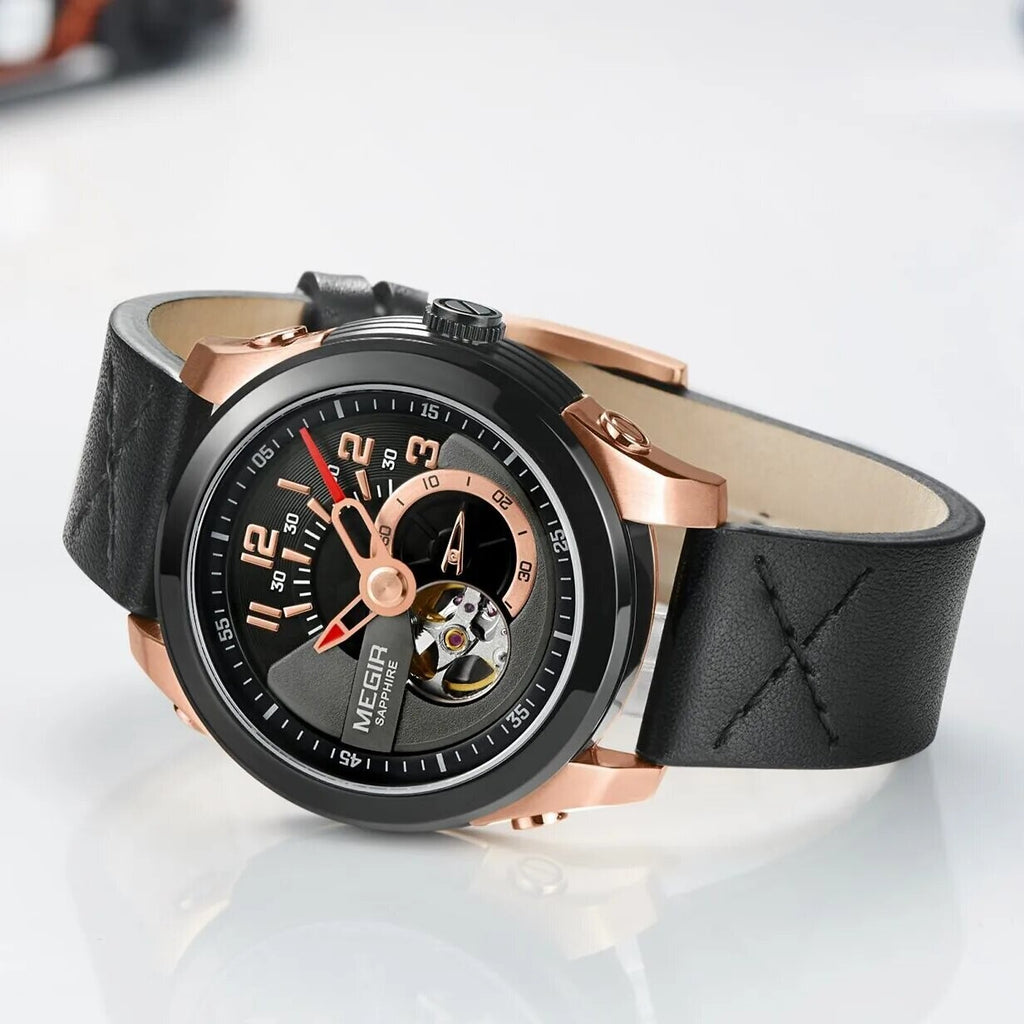 MEGIR 62050 men's automatic watch, rose-gold and black case, black open-heart dial and black leather strap, angled view
